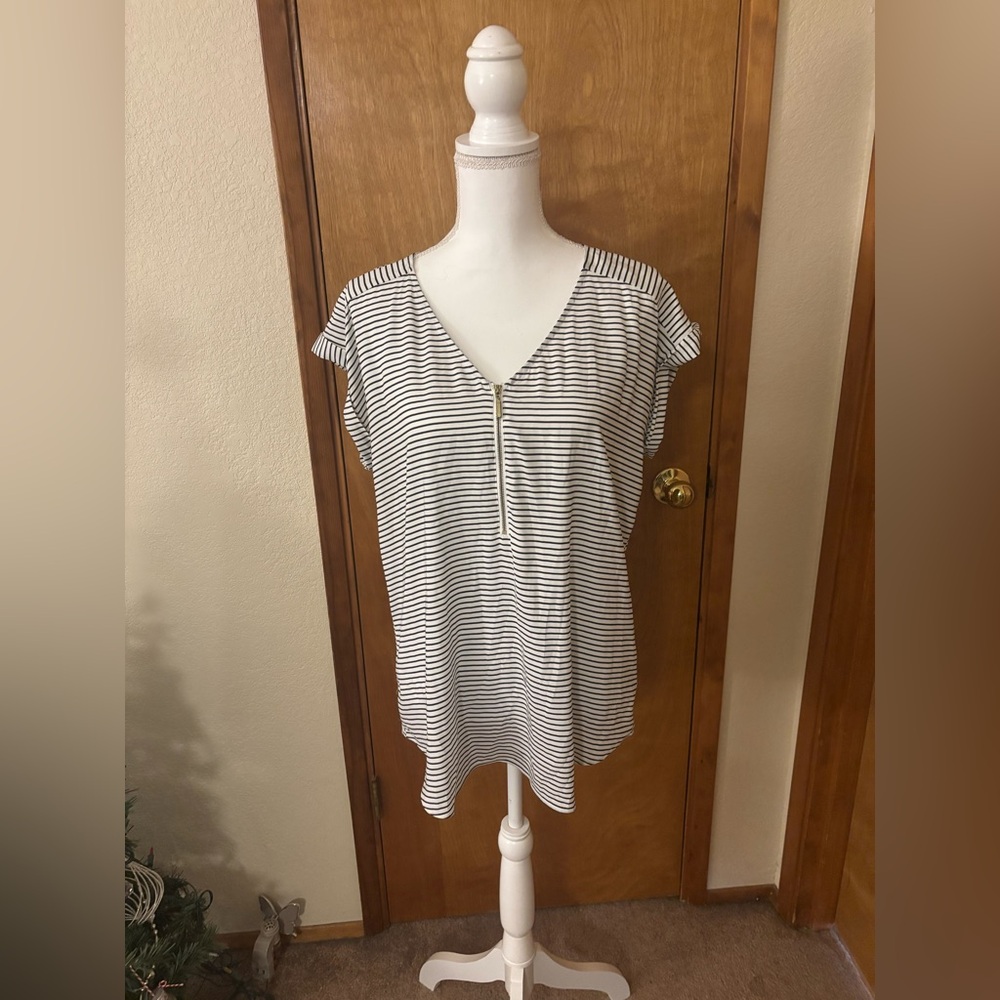 Express Black and White Striped V-Neck Blouse